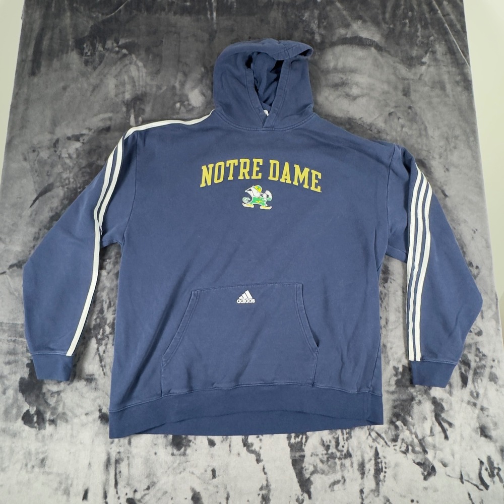 Adidas Hoodie Mens XL Blue Notre Dame Fighting Irish Leprechaun 3-Stripe TGJ004